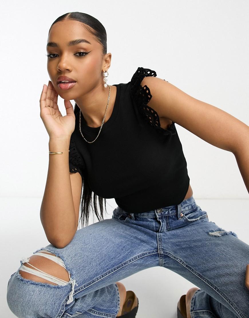 Miss Selfridge rib crop with eyelet frill sleeve Product Image
