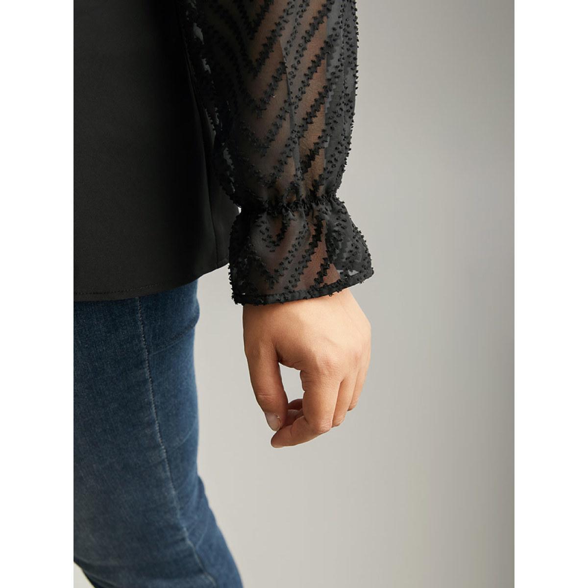 Plus Size Black Patchwork Mesh Texture Cowl Neck Blouse Women Office Long Sleeve Cowl Neck Work Blouses BloomChic 28/5X Product Image