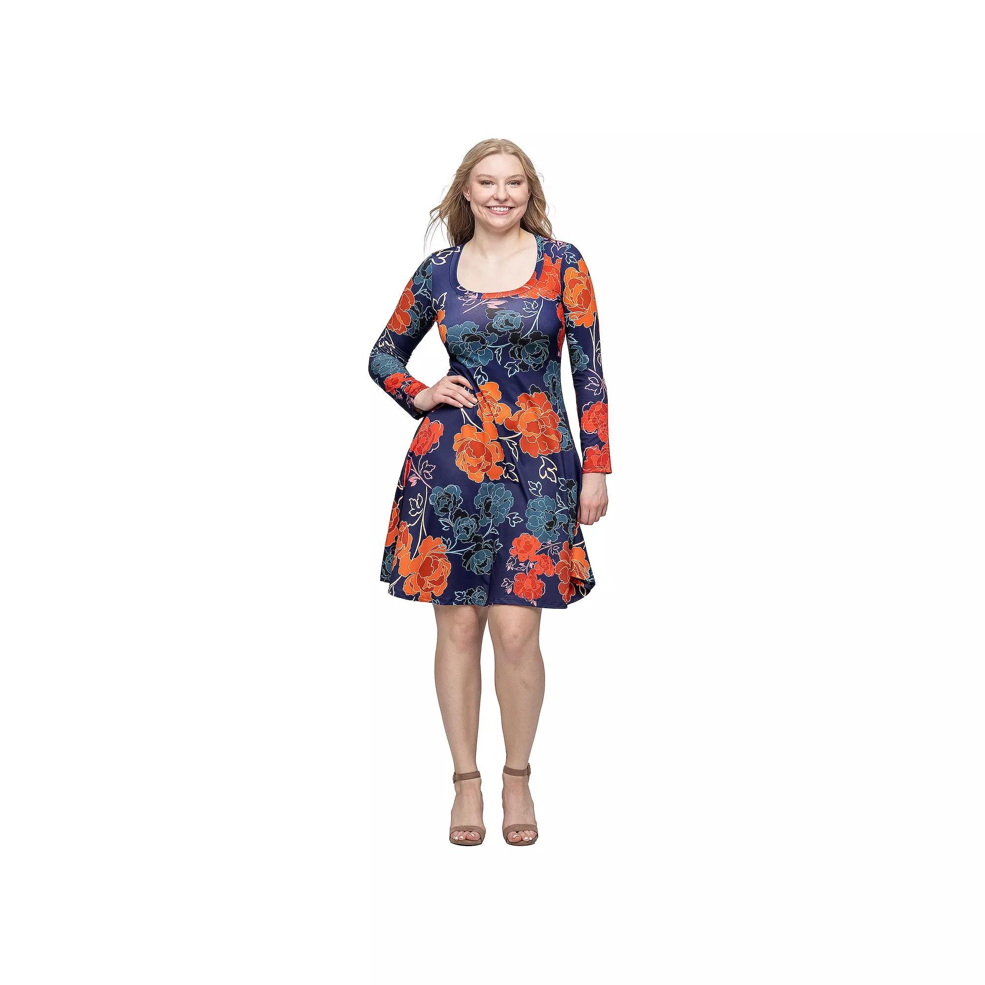 Women's 24Seven Comfort Apparel Floral Print Long Sleeve Knee Length Dress, Size: Small, Blue Team Product Image