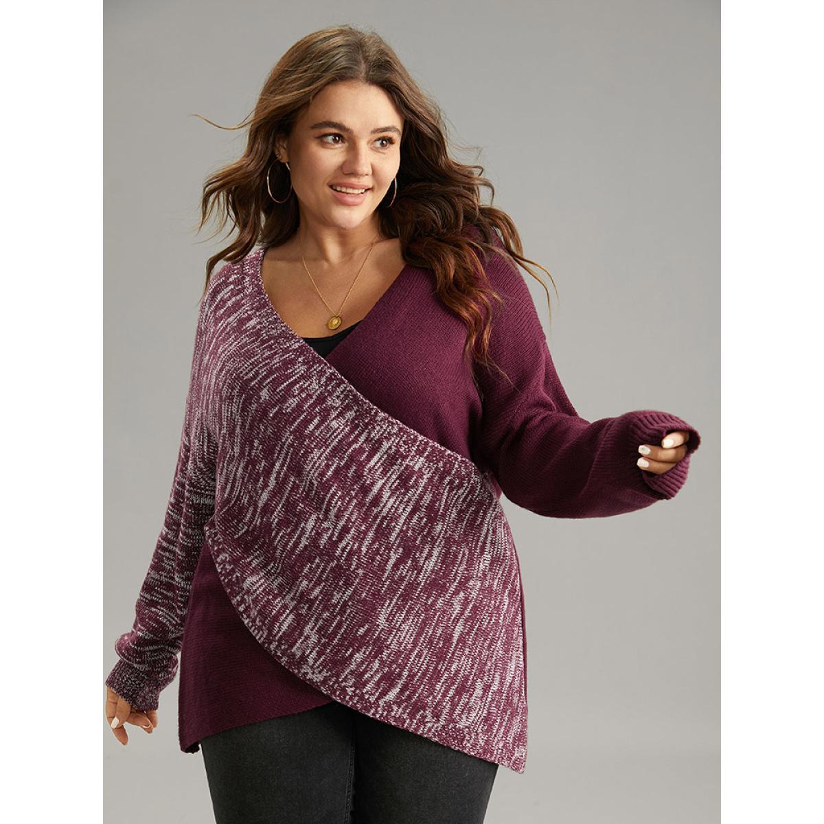 Plus Size Heather Contrast Crossover Patchwork Pullover Burgundy Women Casual Loose Long Sleeve V-neck Dailywear Pullovers BloomChic 10/M Product Image
