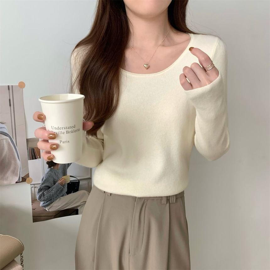 Long Sleeve Crew Neck Plain Knit Top Product Image