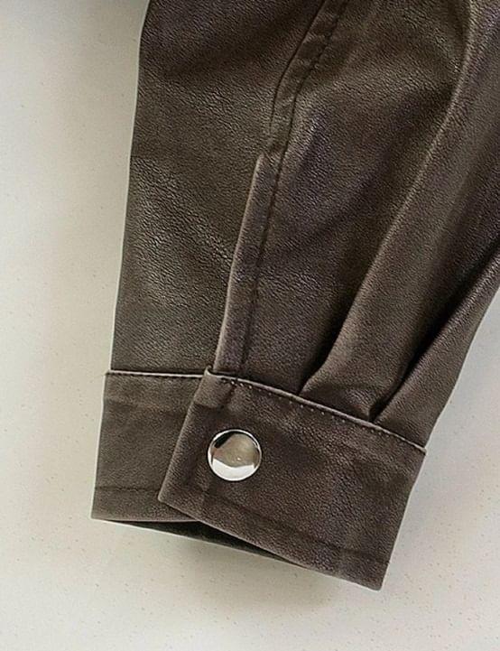 Long Sleeve Plain Faux Leather Zip-Up Jacket Product Image