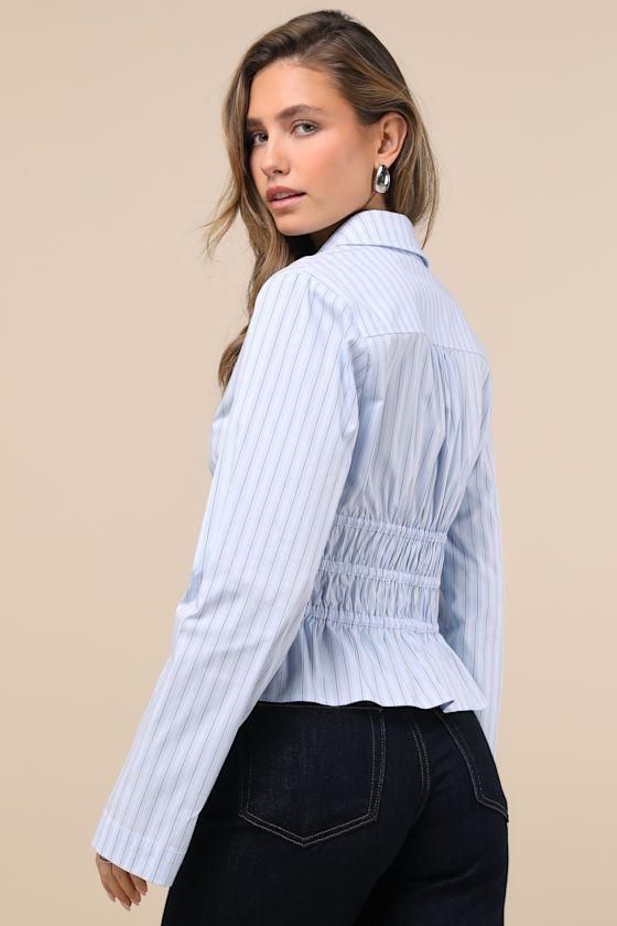 Polished Essence Blue Striped Collared Tie-Front Top Product Image