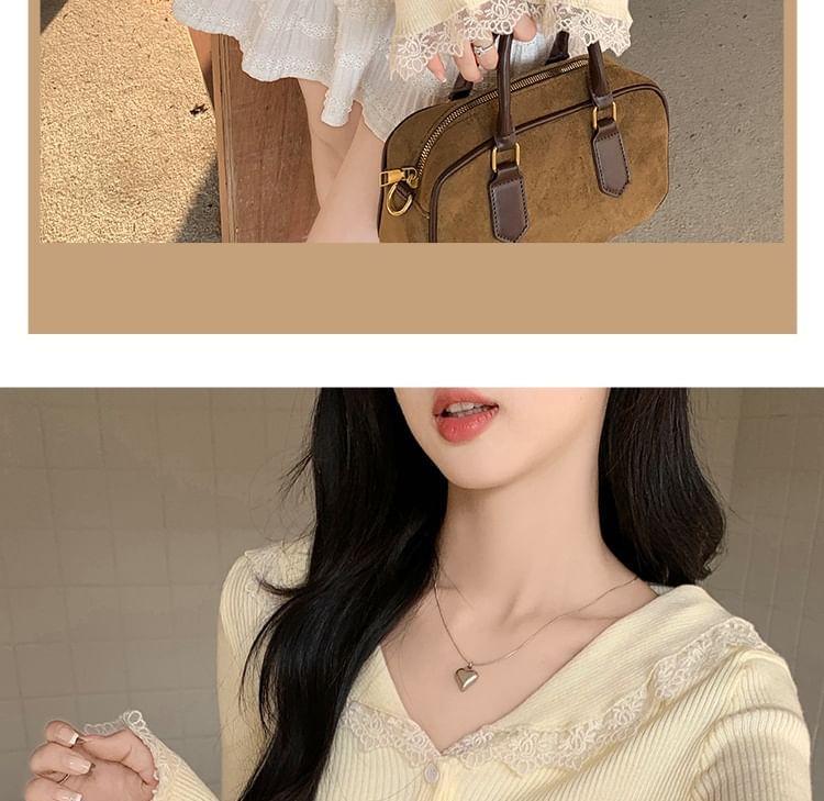 Peter Pan Collar Plain Lace Trim Button-Up Cardigan Product Image