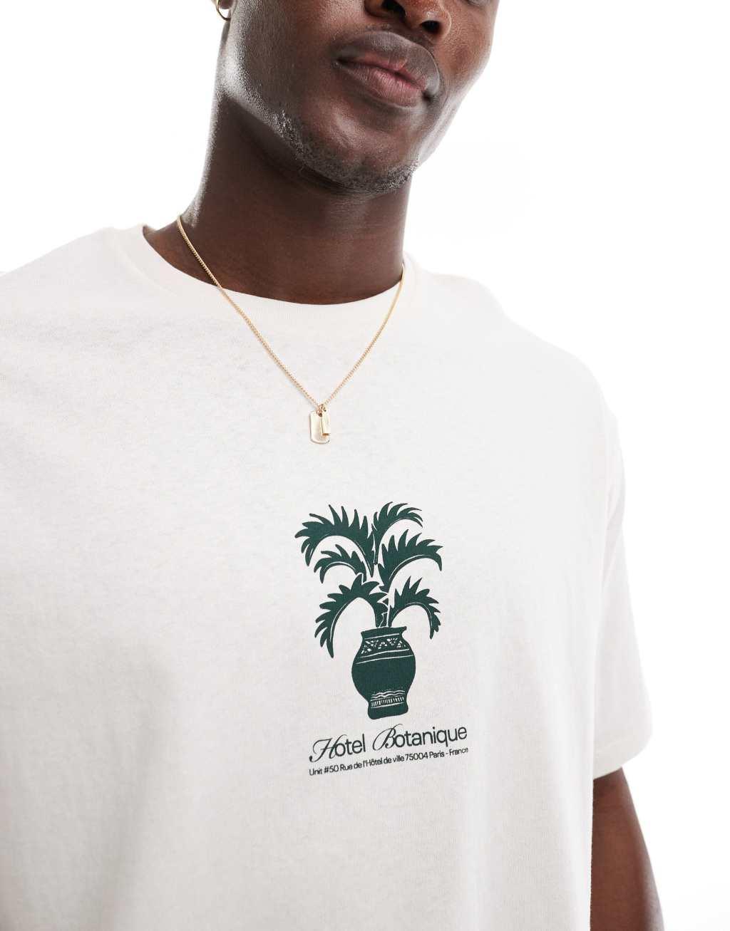 Selected Homme oversized t-shirt with central plant print in cream Product Image