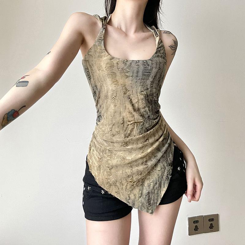 Sleeveless Square-Neck Distressed Slim-Fit Hooded Top Product Image