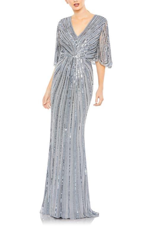 Mac Duggal Sequin Twist Waist V-Neck Flutter Short Sleeve Flutter Hem Sheath Gown Product Image