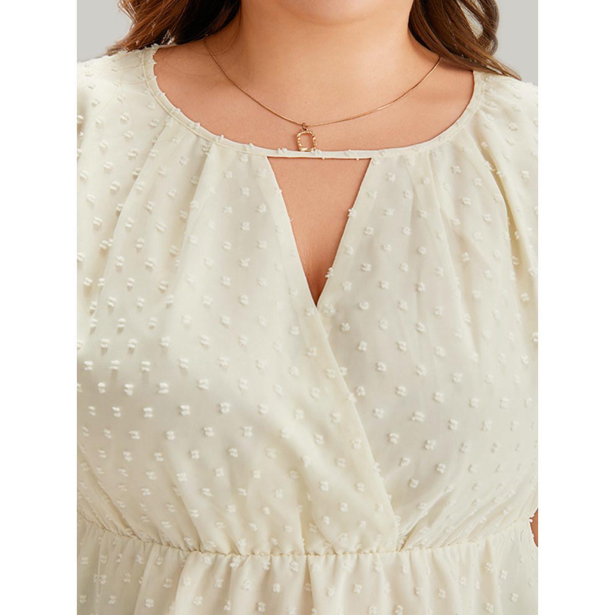 Plus Size Ivory Polka Dot Keyhole Mesh Gathered Flutter Sleeve Blouse Women Office Short sleeve V-neck Work Blouses BloomChic 10/M Product Image