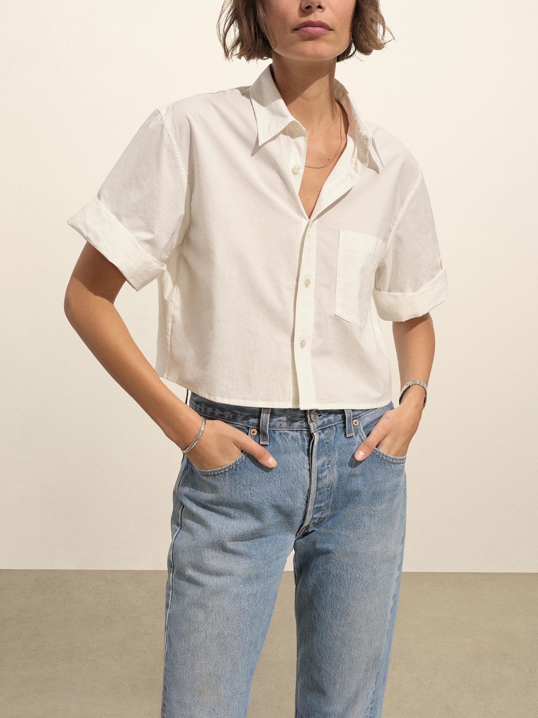 White Mainstay Cotton Cut-Off Short Sleeve Button Down Product Image
