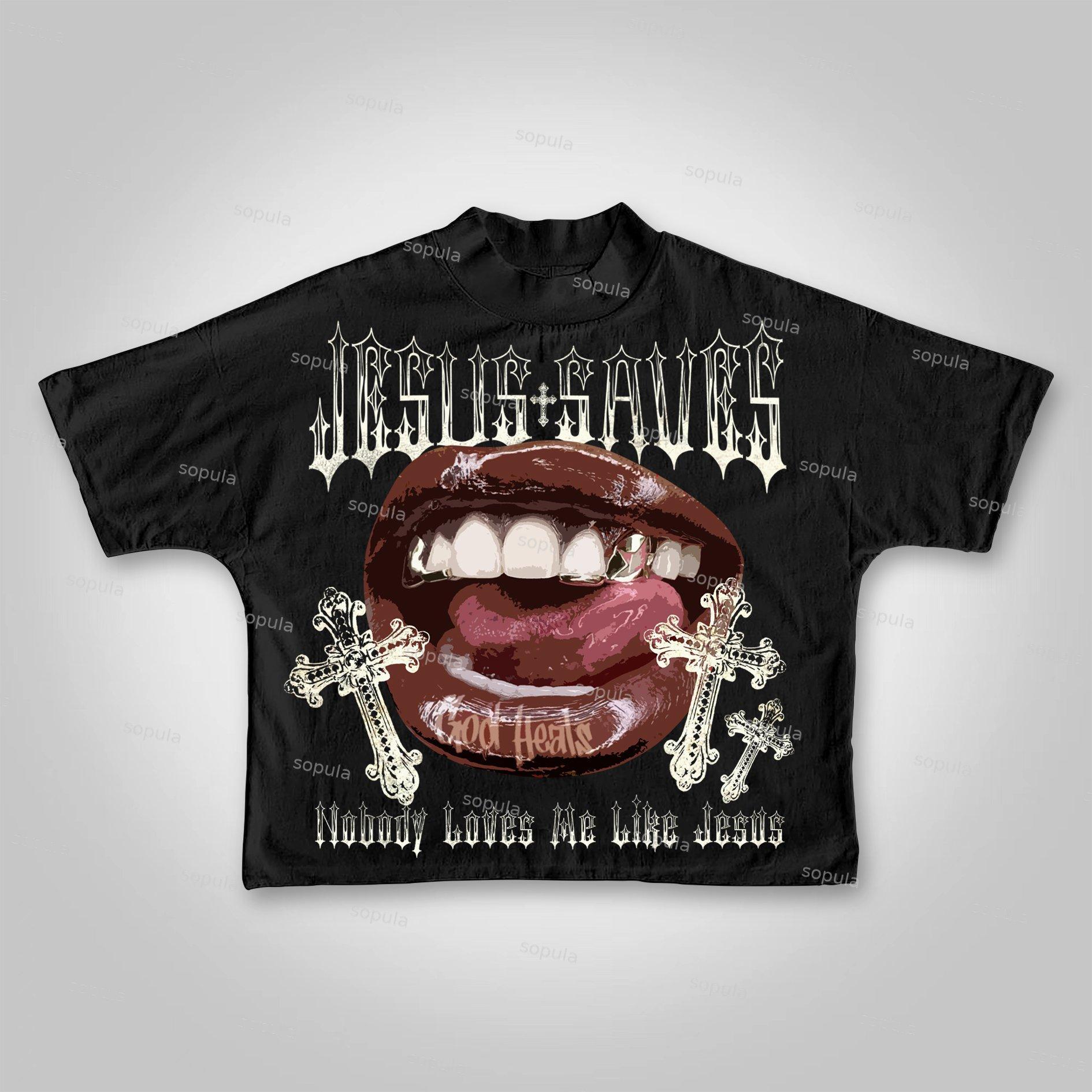 Sopula Jesus Saves Lips Cross Graphic Cropped T-shirt Product Image