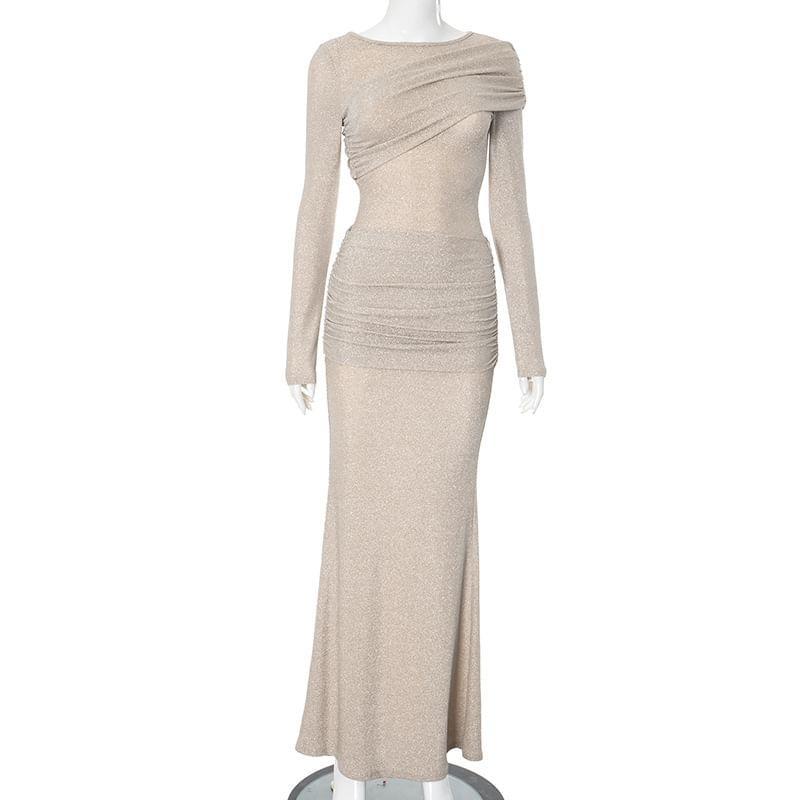 Long-Sleeve Boat Neck Ruched Glitter Maxi Sheath Dress Product Image