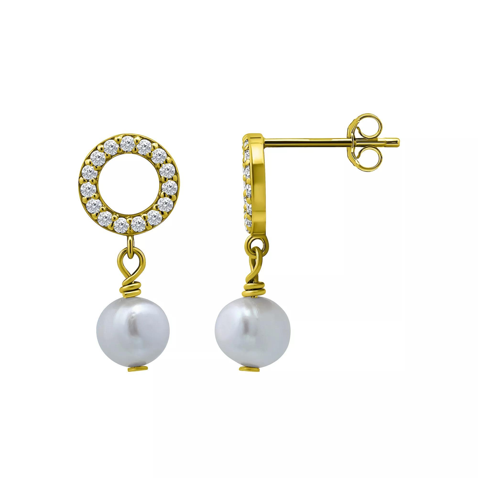 Aleure Precioso Sterling Silver Freshwater Cultured Pearl Drop & Cubic Zirconia Pave Open Circle Post Earrings, Women's, Gold Tone Product Image