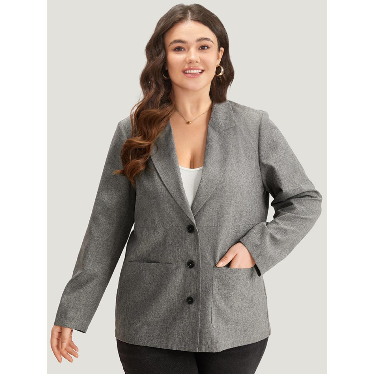 Plus Size Solid Suit Collar Patched Pocket Blazer DimGray Women Dailywear Plain Plain Sleeve Long Sleeve Suit Collar 14-16/1X Pocket Casual Blazers BloomChic Product Image