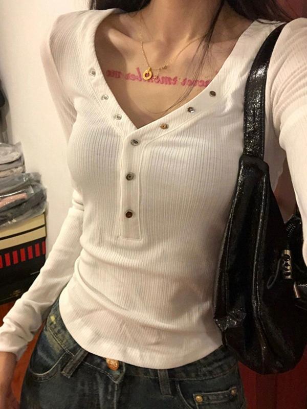 Solid V Neck Snap Button Slim Long Sleeve Knit Product Image