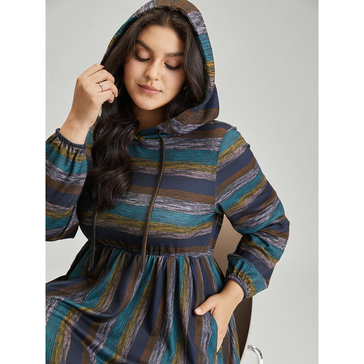 Plus Size Striped Contrast Ruffle Layered Hem Hooded Dress Multicolor Women Casual Elastic cuffs Hooded Long Sleeve Curvy Midi Dress BloomChic 10/M Product Image