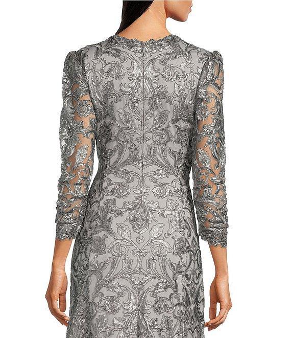 Tadashi Shoji Metallic Sequin Lace V-Neck 3/4 Sleeve Asymmetrical Hem Handkerchief Gown Product Image