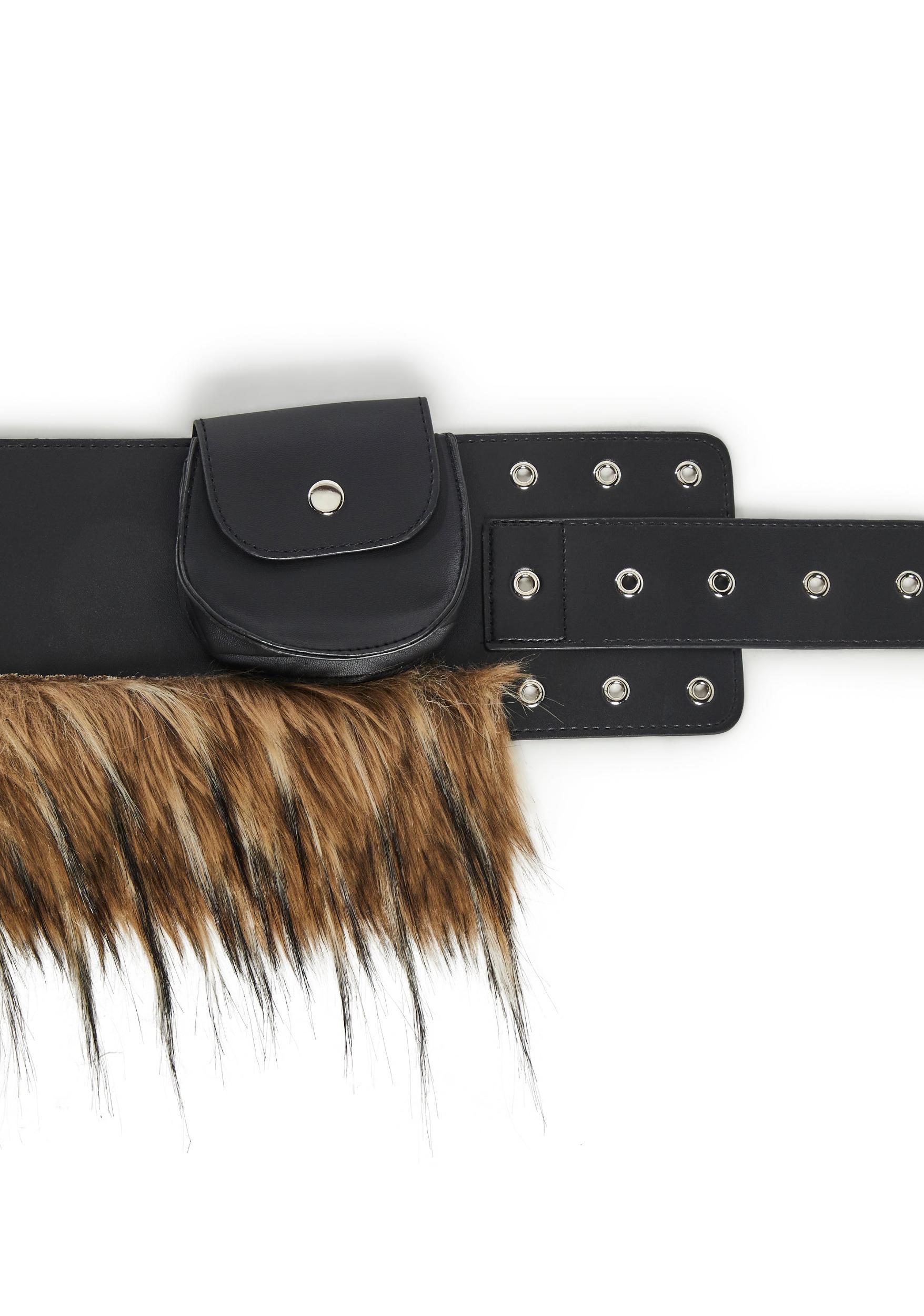 Festival Vegan Leather Faux Fur Belt WIth Pouch Club Exx - Black Product Image