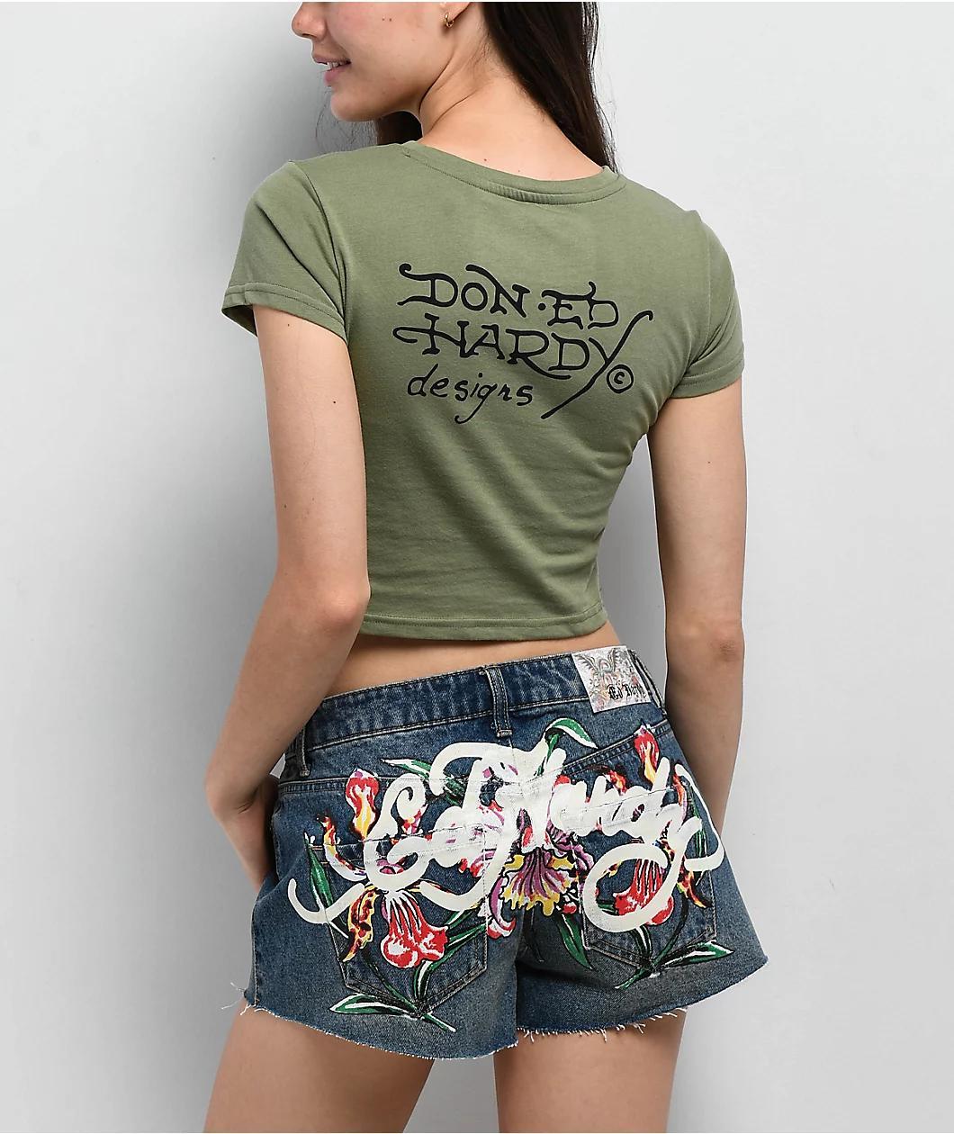 Ed Hardy Two Hearts Rhinestone Olive Crop T-Shirt Product Image