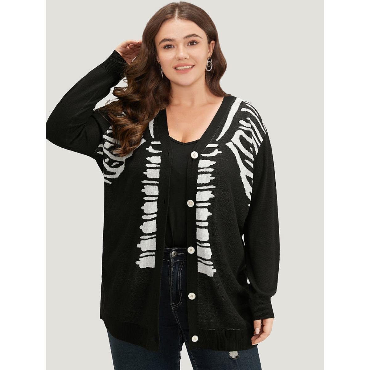 Plus Size Halloween Skull Print Slightly Stretchy Cardigan Black Women Casual Loose Long Sleeve Festival-Halloween Cardigans BloomChic 22-24/3X Product Image