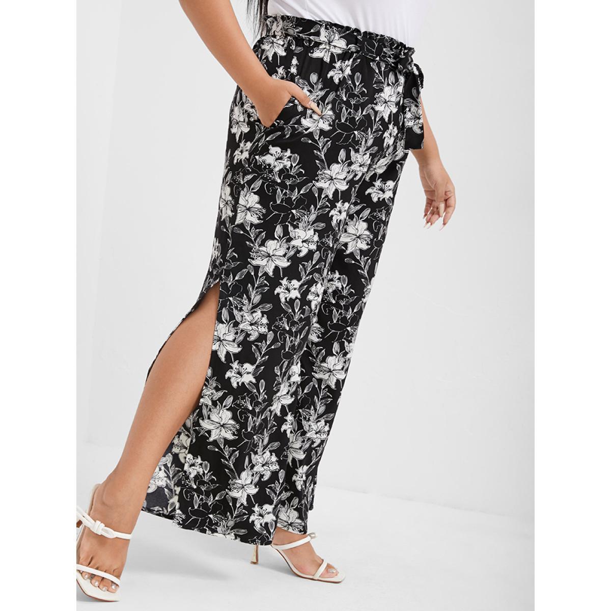 Plus Size Floral Print Pocket Split Straight Pants Women Black Elegant Wide Leg High Rise Dailywear Pants BloomChic 16/1X Product Image