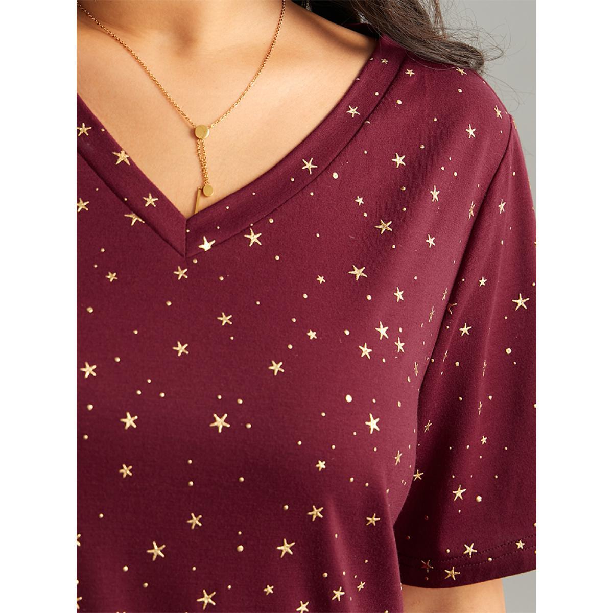 Plus Size Star Polka Dot V Neck T-shirt Burgundy Women Elegant Contrast Moon and Star V-neck Dailywear T-shirts BloomChic 28/5X Product Image