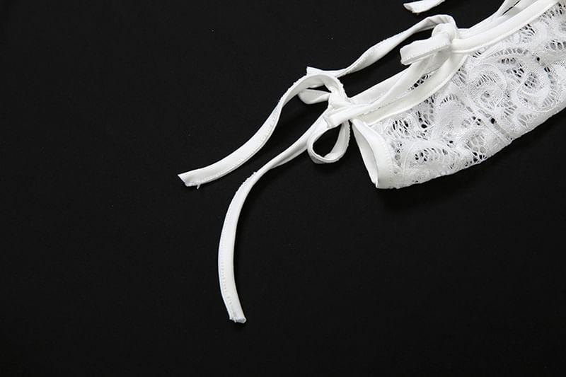 Set: Long Sleeve Square Neck Plain Cutout Tie-Up Lace Crop Top + Mid Rise Shorts Product Image