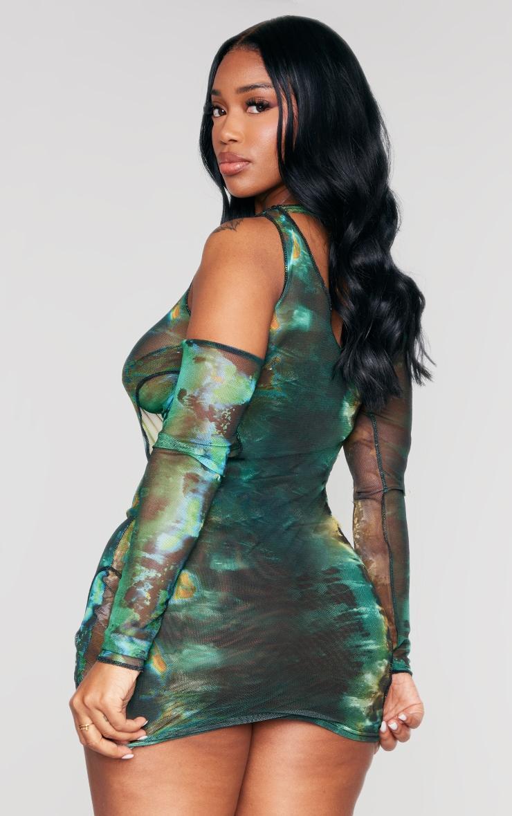 Shape Green Printed Mesh Asymmetric Multi Cut Out Long Sleeved Dress Product Image