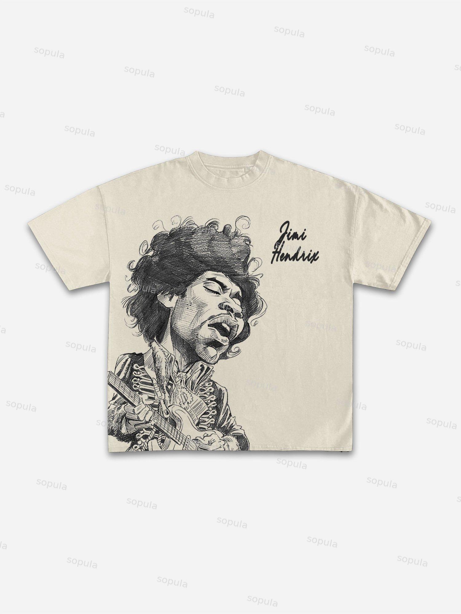 Jimi Hendrix Print Casual Cotton T-shirt Product Image