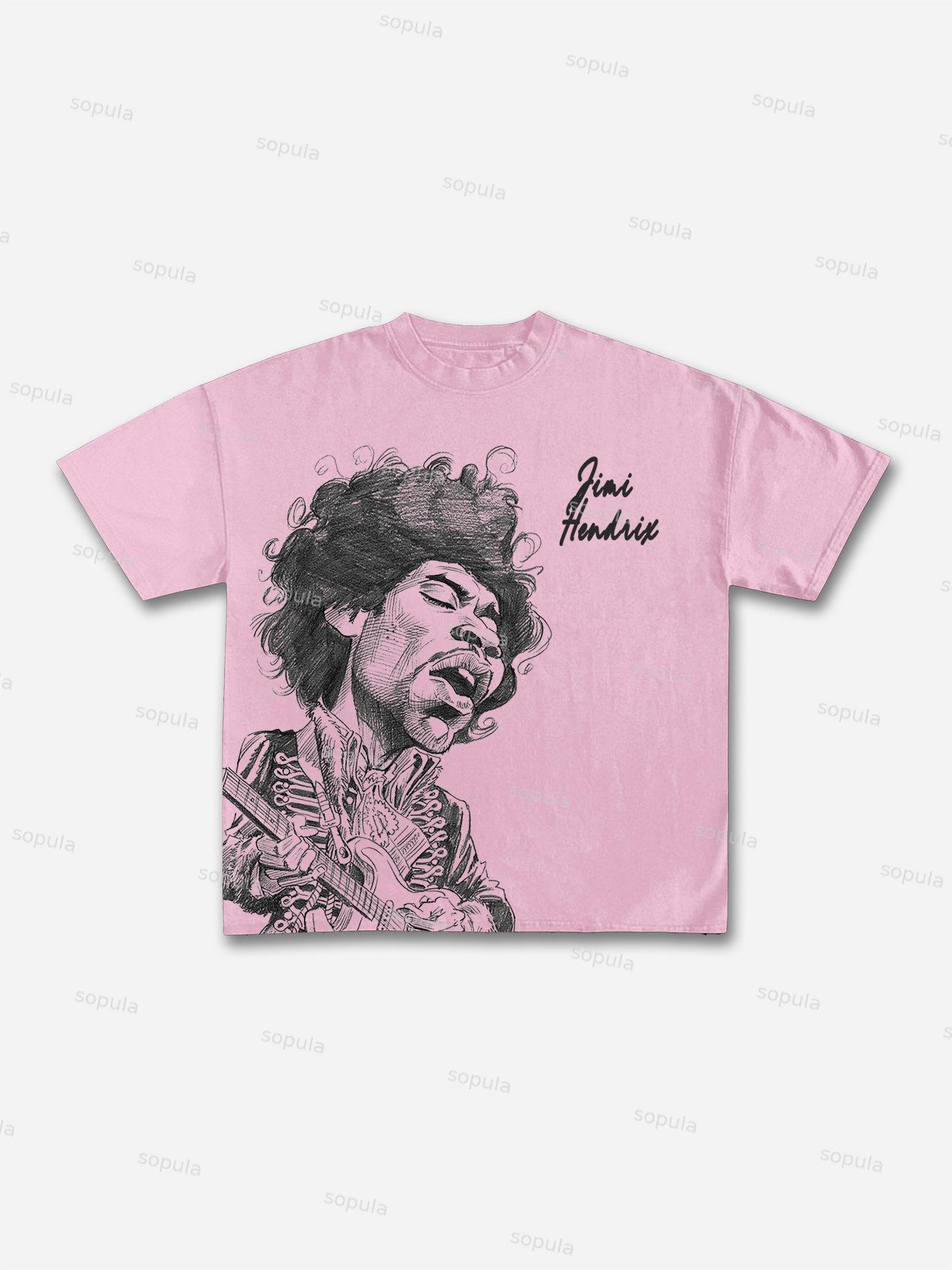 Jimi Hendrix Print Casual Cotton T-shirt Product Image
