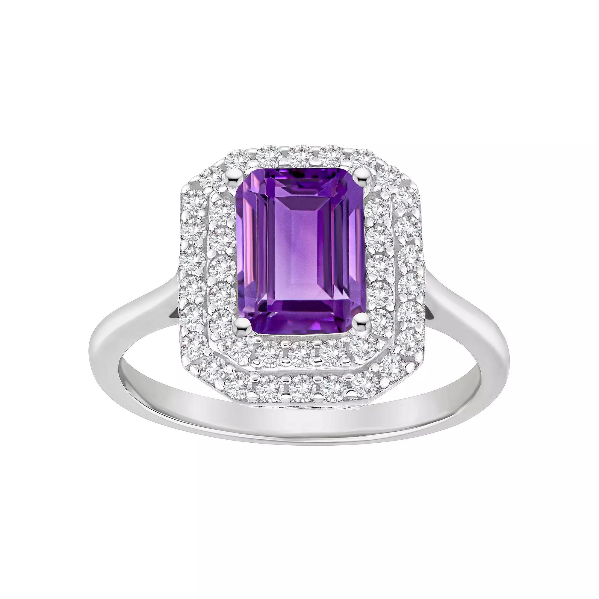 Celebration Gems Sterling Silver Emerald-Cut Amethyst & White Topaz Double Halo Ring, Women's, Size: 8 Product Image