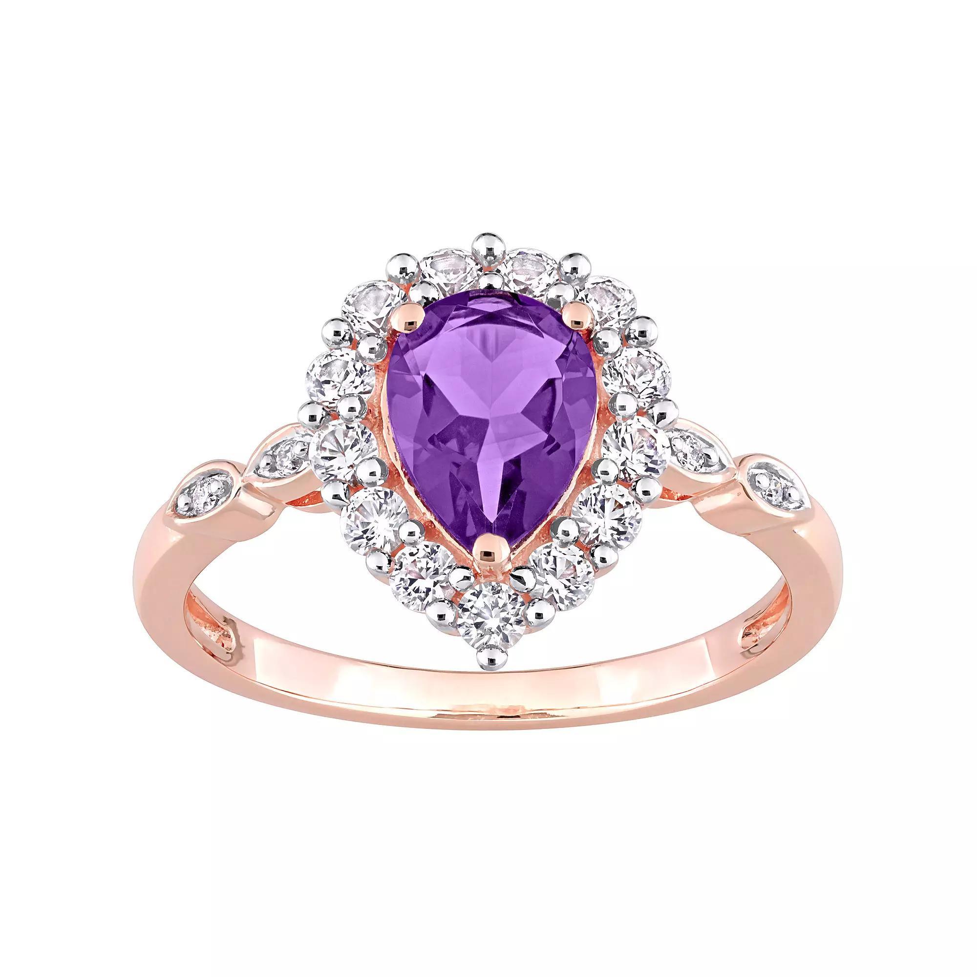 Stella Grace 10k Rose Gold Amethyst, Lab-Created White Sapphire & Diamond Accent Teardrop Halo Ring, Women's, Size: 7.50 Product Image