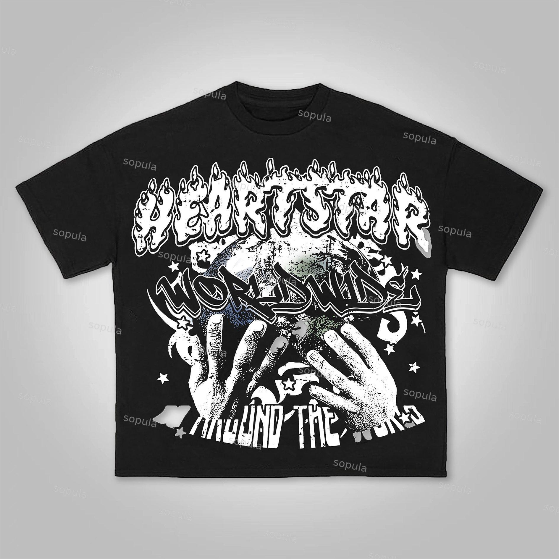 Vintage Heart Star Worldwide Print Graphic Cotton T-Shirt Product Image
