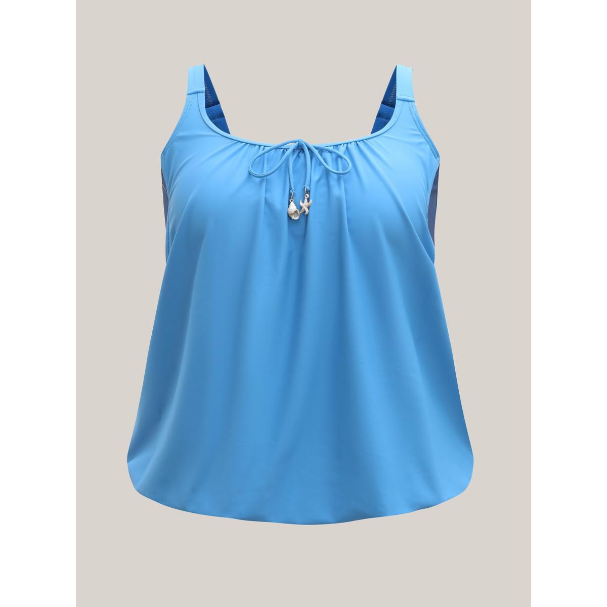 Plus Size Shell Detail Ties Color Block Swim Tankini Women's Swimwear Mediumblue Beach High stretch Bodycon U-neck Curve Swim Tops BloomChic 22-24/3X Product Image
