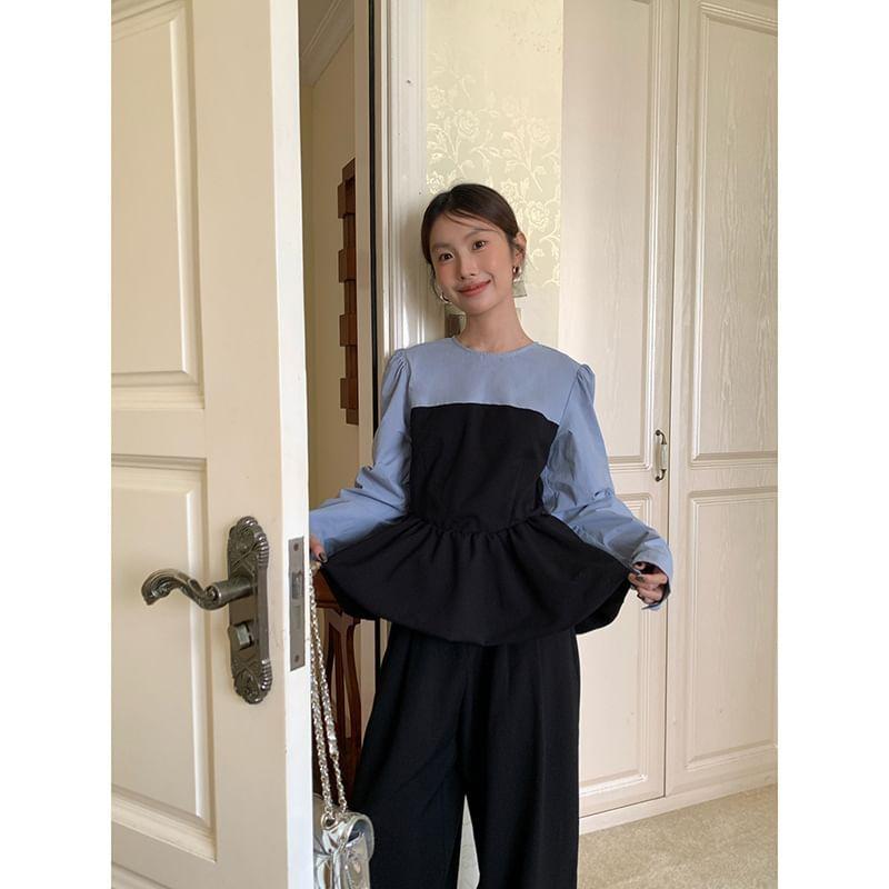 Long Sleeve Round Neck Two Tone Ruffle Hem Crop Blouse Product Image