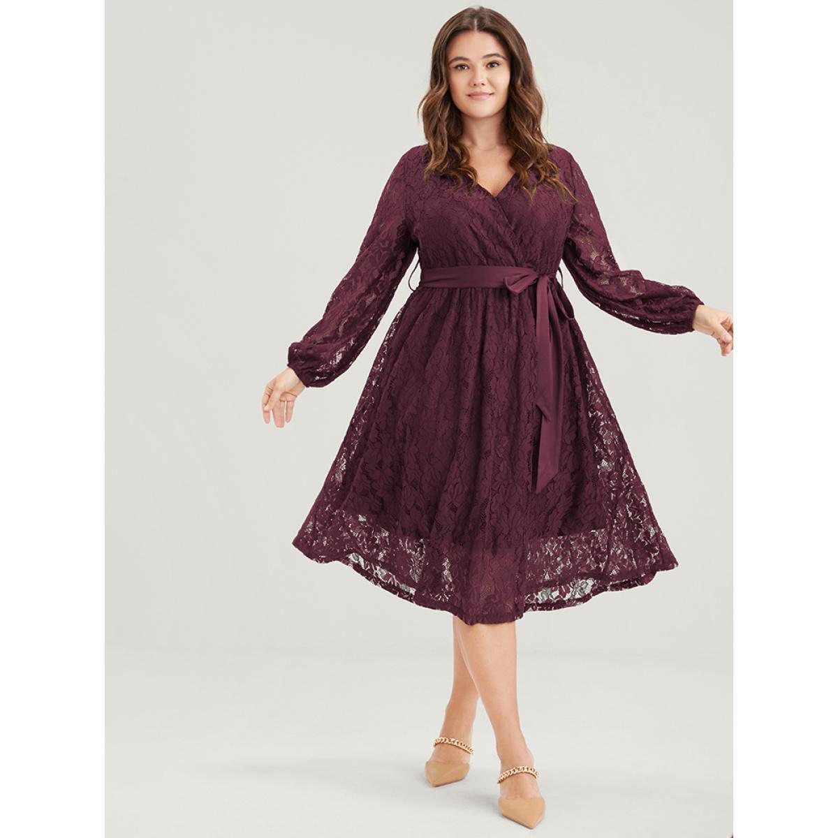 Embroidered Elegant Plus Size Women Going out Plain Midi Dress Ties Slightly Stretchy Lantern Sleeve Long Sleeve V Neck Belt Glamour Dresses BloomChic Product Image