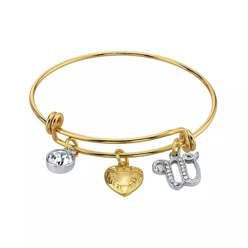 1928 Two Tone Crystal, Heart & Initial Charm Bangle Bracelet, Womens Product Image