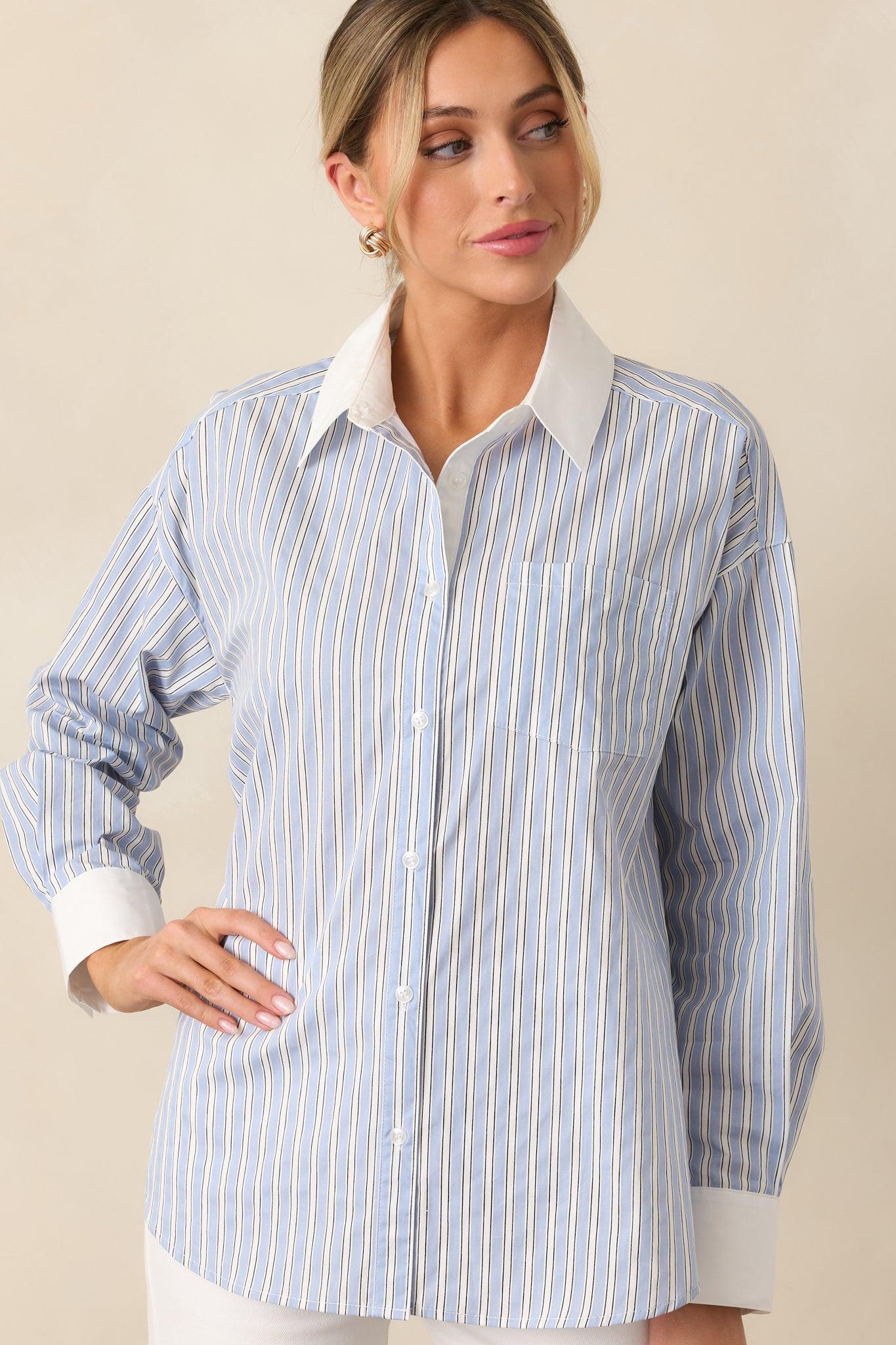 A Walk To The Bakery Blue Cotton Button Front Blouse Product Image