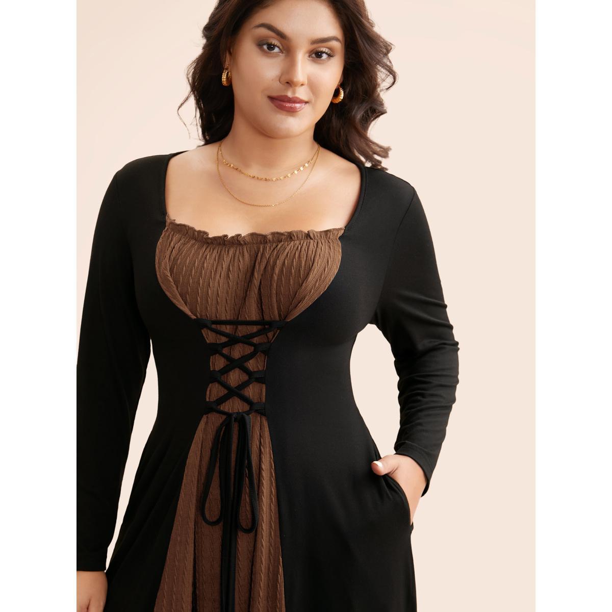 Plus Size Square Neck Textured Patchwork Crisscross Dress Yellowishbrown Women Elegant Wraparound straps Square Neck Long Sleeve Curvy BloomChic 30/6X Product Image