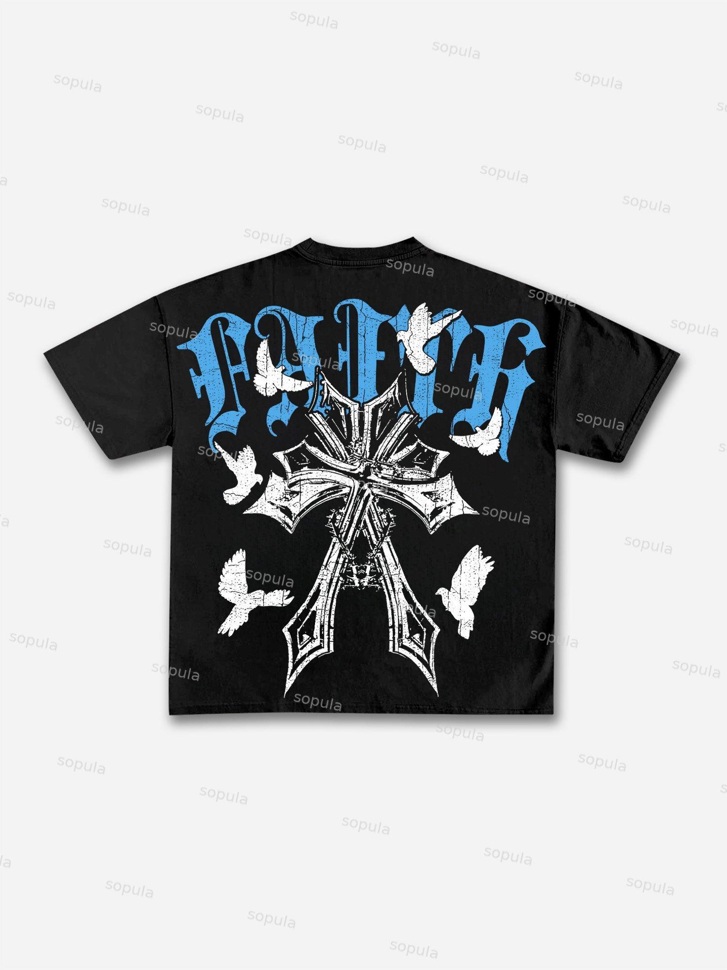 Faith Cross Peace Dove Print Cotton T-shirt Product Image