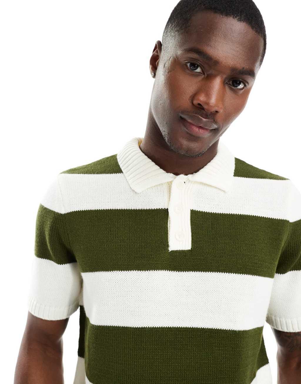 ASOS DESIGN short sleeve rugby polo in khaki stripe Product Image