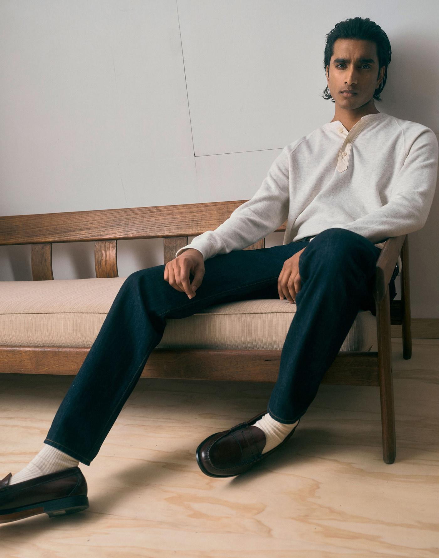 French Rib Knit Long-Sleeve Henley Tee Product Image