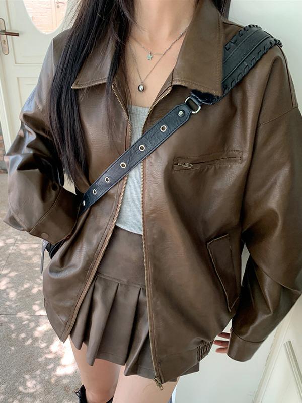 Vintage Brown Lapel Neck Zip Up Leather Jacket Product Image