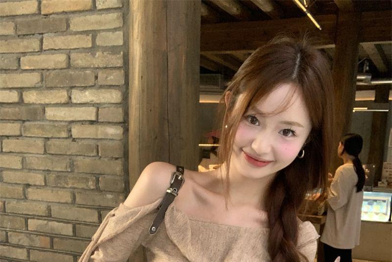 Long-Sleeve Cold Shoulder Ruffle Trim Knit Top Product Image