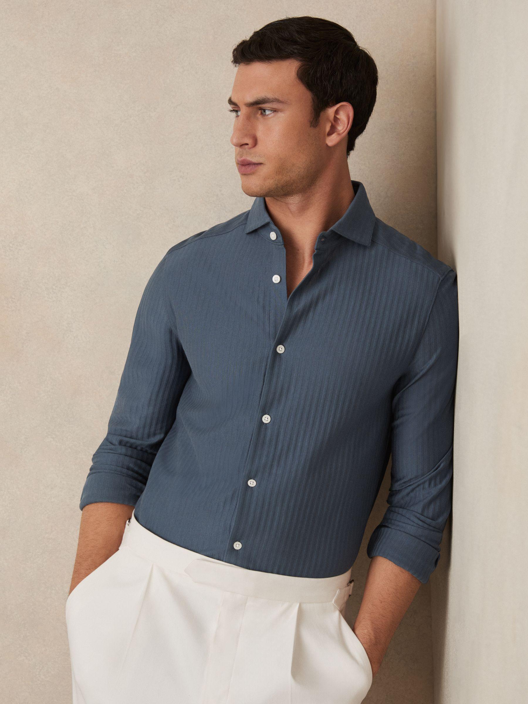 Cotton-Jersey Stripe-Jacquard Shirt in Airforce Blue Product Image