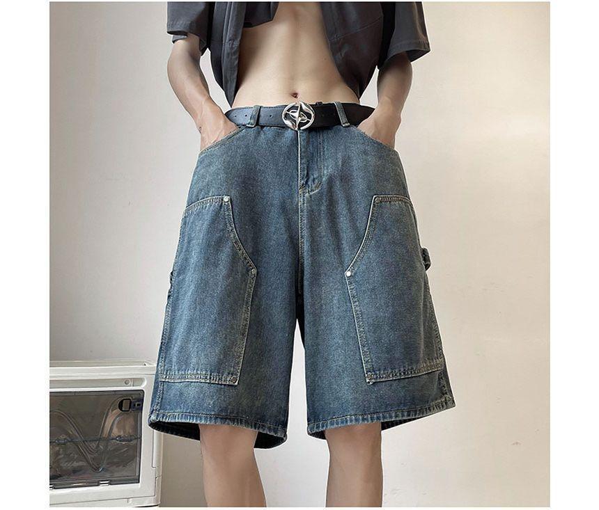 Low Rise Washed Wide Leg Cargo Denim Shorts Product Image
