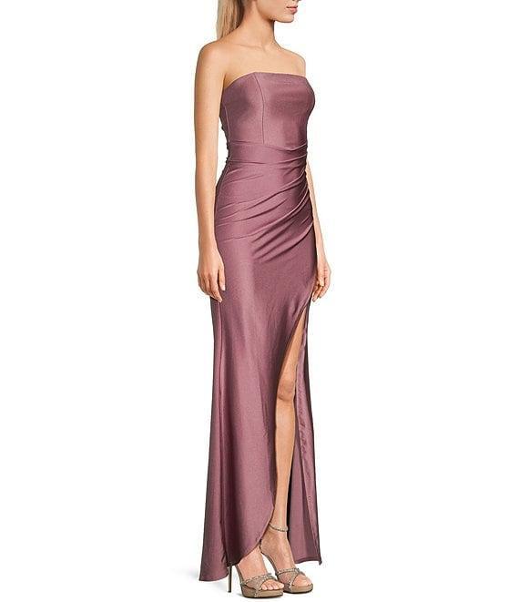 Honey and Rosie Pleated Strapless Side Slit Gown Product Image