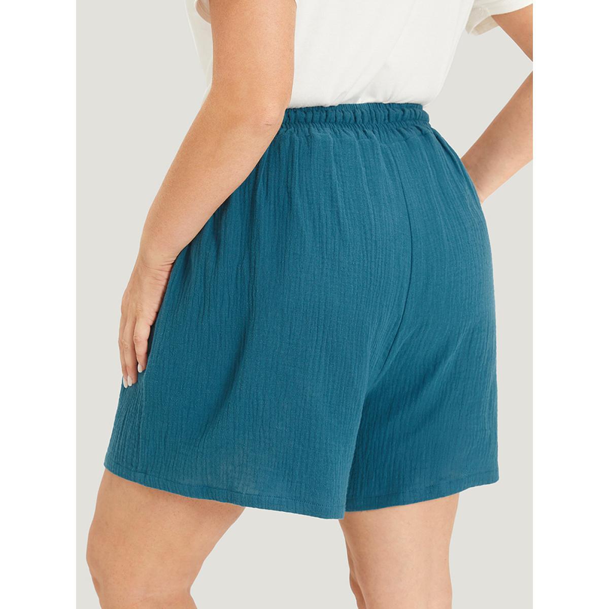 Plus Size Plain Shirred Pocket Button Detail Shorts Women Cyan Casual Texture Dailywear Shorts BloomChic 10/M Product Image