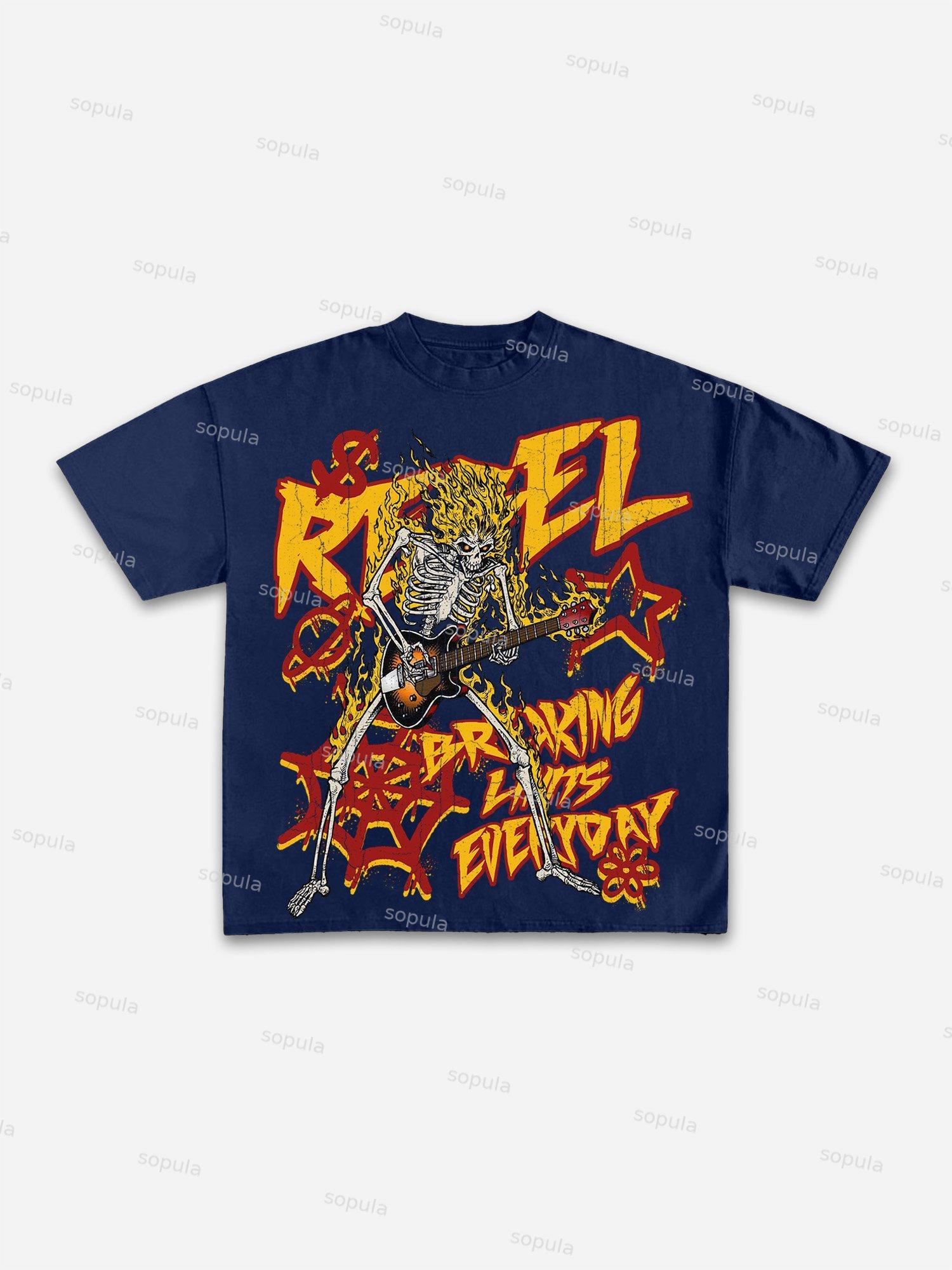Flame Skull Graffiti Print Cotton T-shirt Product Image