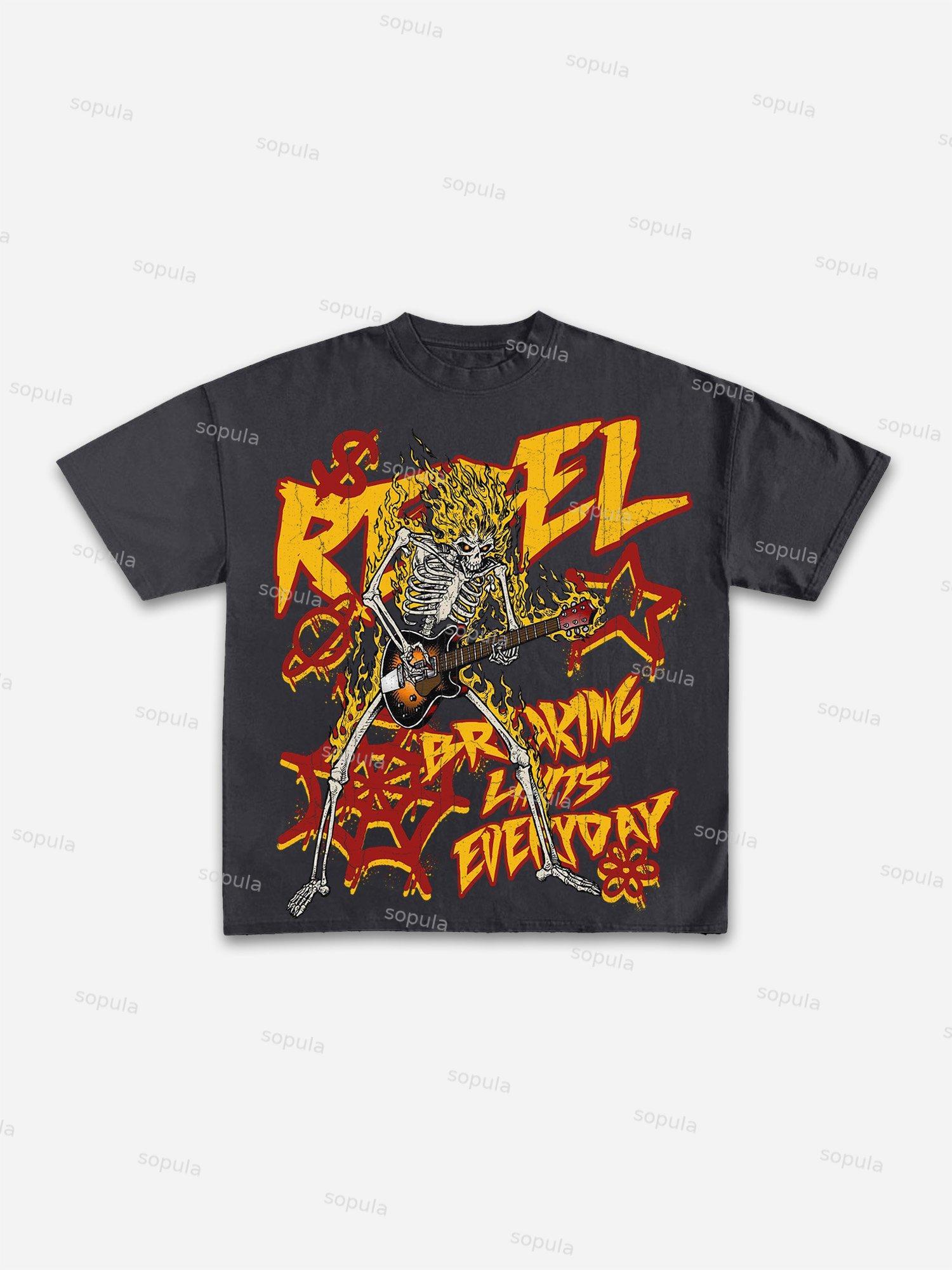 Flame Skull Graffiti Print Cotton T-shirt Product Image