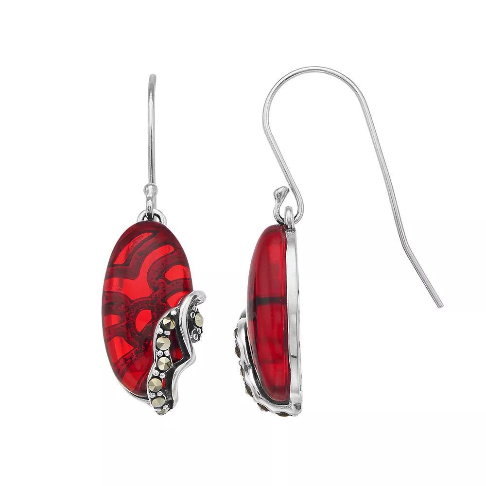 Tori Hill Sterling Silver Marcasite & Red Glass Oval Drop Earrings, Women's Product Image